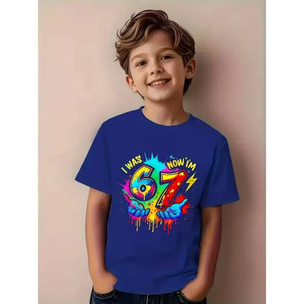 Summer Kids Short Sleeve Tops Children Cotton T-Shirt 'I WAS 6 NOW I'M 7' Birthday Print Casual Versatile Boys Streetwear Tshirt