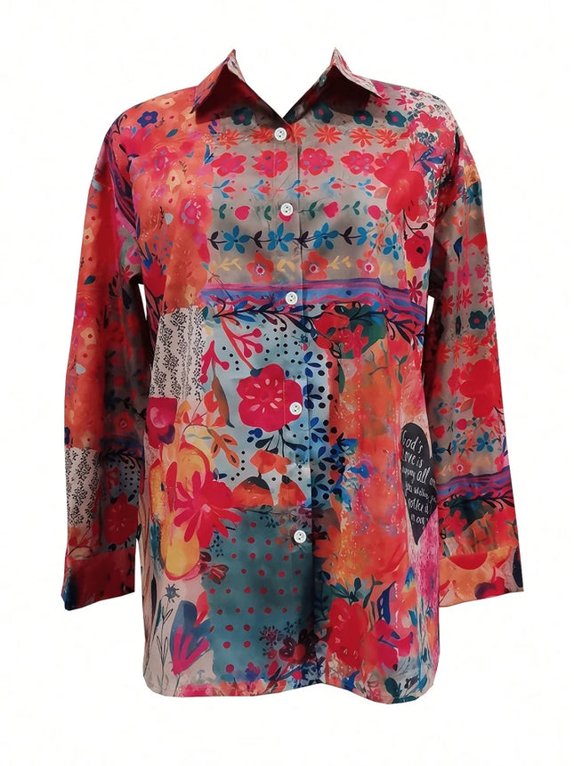 Ladies Plus Size Vintage Design Floral Print Long Sleeve-Casual Button Down Shirt Casual Shirt Daily Home