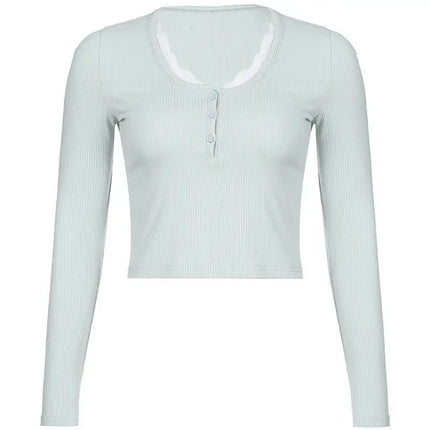Women's T-Shirts Long Sleeve Slim Lace Button Kawaii T-shirts Female Y2k Tops Casual Tees Pullovers 2024 Spring New Woman Clothing
