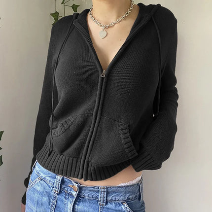 Women’s Full Zip Knit Hoodies Casual Sweaters Solid Color Long Sleeve Drawstring Sweatshirts Cardigan Zip-up Clothing Y2K