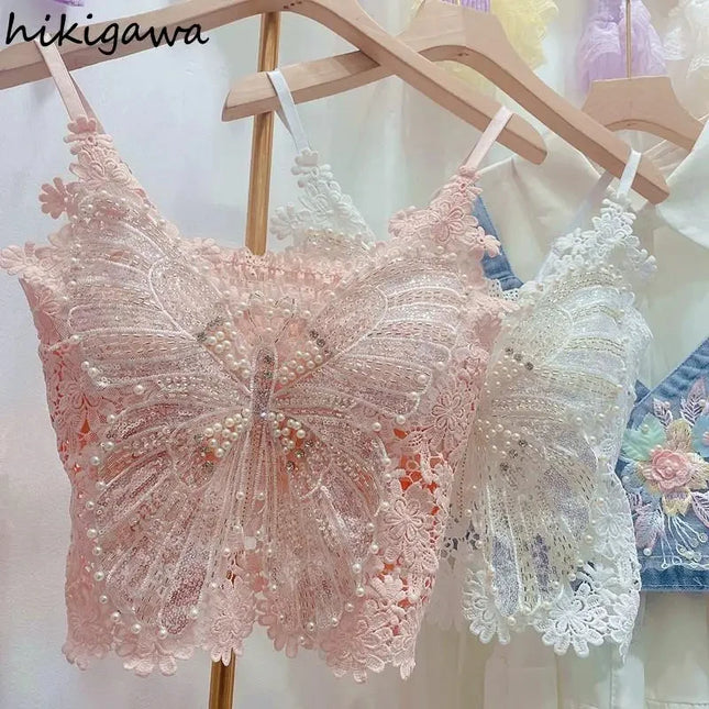 Women's Clothing Heavy Beaded Floral Tank Sexy Crop Tops Ropa Mujer Lace Butterfly Top Navel-Baring Sexy Cropped Top Summer Camis