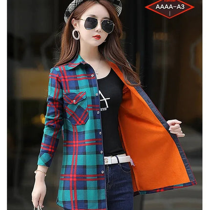 Thickened Fleece Women's Long Sleeve Shirt Warm Slim Fit Midi Length Plaid Korean Style Fashionable Women's Button-up Top