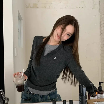 2024 Autumn Winter Long Sleeves Korean Fashion Style O-neck T-shirt For Women Fake Two-Piece T-shirts Ladies Top Tee Clothes