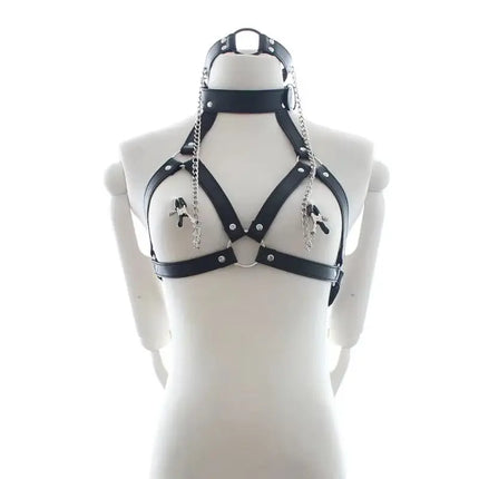 Thierry PU Leather Bondage Restraints O Ring Gag with Nipple Clamps,open bra with Collar Fetish Adult Games Sex Toys for Couples