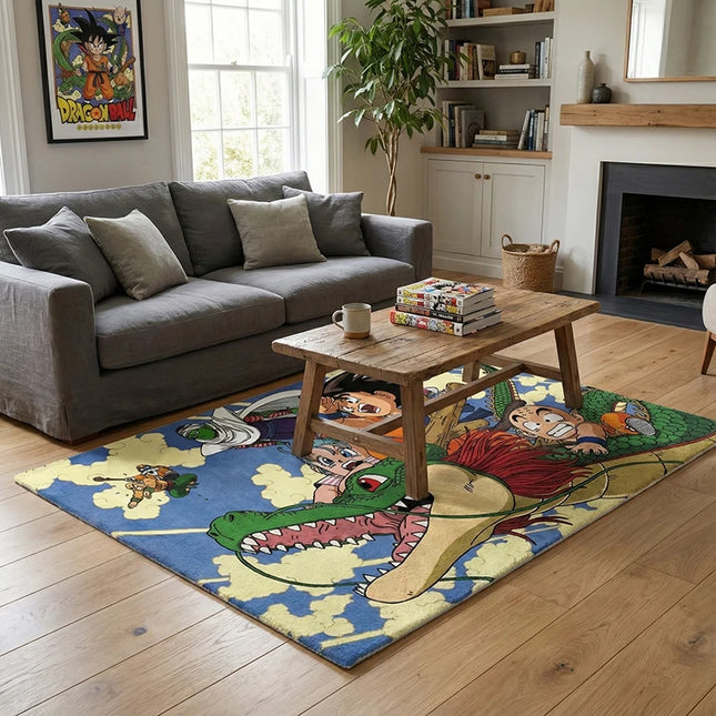 Vintage Dragon Ball Anime Rug: Goku, Bulma & Friends Riding Shenron Classic 90s Manga Themed Carpet for Bedroom & Fan Decor