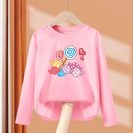 Little Girl Lollipop T-shirt Autumn Long Sleeved Tops Candy Cartoon Clothes Casual Round Neck Cotton Tees 3-14Y
