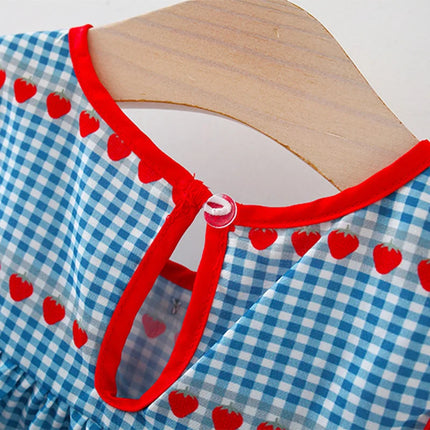 2 Pcs Baby Girl's New Summer Dress with Sleeveless Round Neck Plaid Heart Cherry Cotton Skirt and Diagonal Cross Bag Included