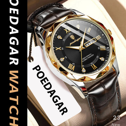 POEDAGAR Original Luxury Men's Watch Waterproof Luminous Date Week Sports Men's Watches Classic Business Quartz Leather Men Watch
