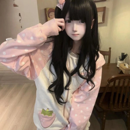 Japanese Kawaii Rabbit Ears Hoodies Tops Women Design Loose Dot Lace Patchwork Cute Coat Harajuku Chic Sweet Lovely Sweatshirts
