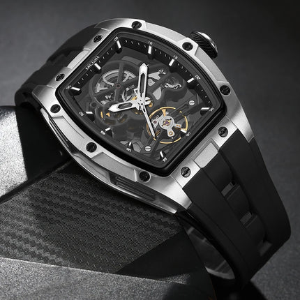 MEGIR Fashion Leisure Alloy Case Men Mechanical Watch Silicone Band Barrel Shaped Dial Luminous Pointer Design Man Wristwatch