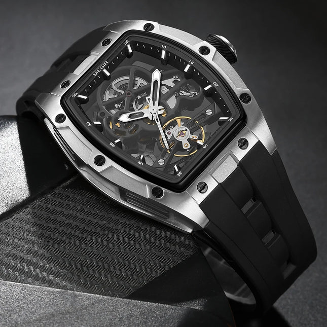 MEGIR Fashion Leisure Alloy Case Men Mechanical Watch Silicone Band Barrel Shaped Dial Luminous Pointer Design Man Wristwatch