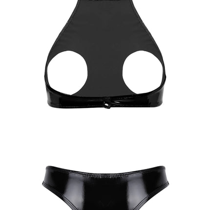 Womens Lingerie Temptation Set Hollow Chest Crop Top with Crotchless Open Butt Briefs Patent Leather Bra with Underwear Sets