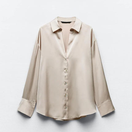Classic Silk Satin Feel Shirt New Spring Collection Long Sleeve Polyester Fabric Women's Premium Fashion Regular Length