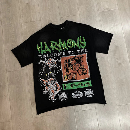 Graffiti Streerwear Washed Letter Shinning Diamond Short Sleeve Mens Tshirts Crew Neck Pure Cotton Baggy Rhinestone Top Tees