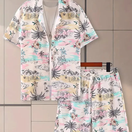 2025 Simple All-in-one Men's Shirt Set Coconut Tree Print 3D Printed Shirt And Shorts Set Summer Casual Vacation Hawaiian Shirt