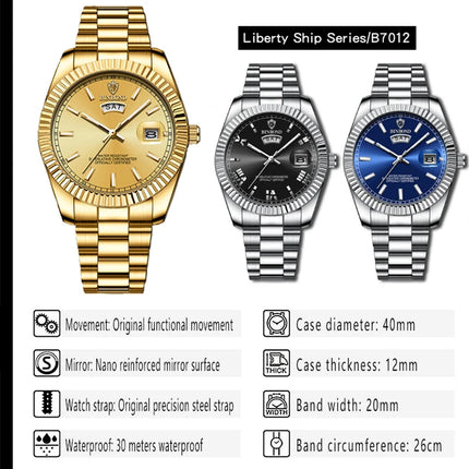 BINBOND B7012 Mens Fashion Business Sports Quartz Watch 30M Waterproof Luminous Classic Calendar Creative Clock Mens Wristwatch