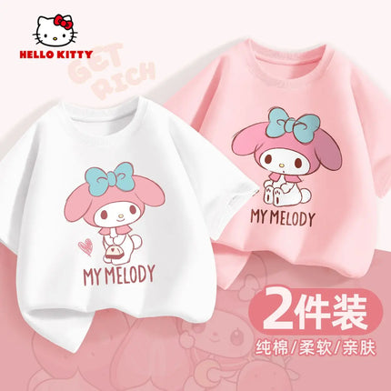 (2 Pieces Per Pack) Sanrio Summer Baby Girls 100% Cotton Clothes Kid Children Girl Hello Kitty Printed T-shirts Short Sleeve Top