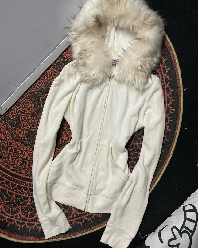 Fashionable Harajuku American retro vintage Millennium Hot Girl y2k white hoodie with a fur collar hooded zipper slim fit jacket