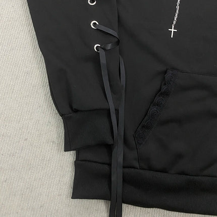 Gothic Style Hooded Zipper Cardigan Sweatshirt Women's Long Sleeve Lace Decoration Loose Lace up Jacket Summer New