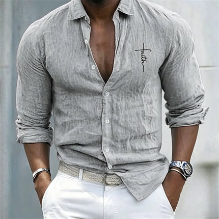 Men's Casual Linen-Like Shirt, 'Faith' Print, Roll-Up Long Sleeve, Button Down, Loose Fit, Beach & Daily Tops