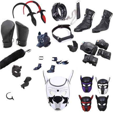 SM Party Mask Puppy Play Dog Hood Mask,Dog Paw Crawl Glove,Dog Tail Plug,BDSM Bondage Sexy Costume,Fetish Dog Role Play Sex Toys