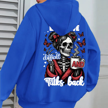 Expensive Talks Back Coffee Butterfly Skulls Print Women Hoody Autumn Hoodies Casual Loose Pullover Jogging Pocket Sportswear
