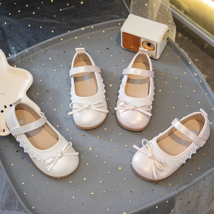 Girls Walking Shoes Sweet Lace Simple Bows 2025 New Kids Princess Shoes Round Toes Kids Leather Shoes Non-slip Soft Sole Flats