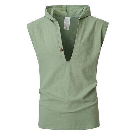 2026 New Men Sleeveless Hooded Tank Top Casual V Neck Button Shirt Summer Daily Beach Travel Vacation Loose Fit Tee
