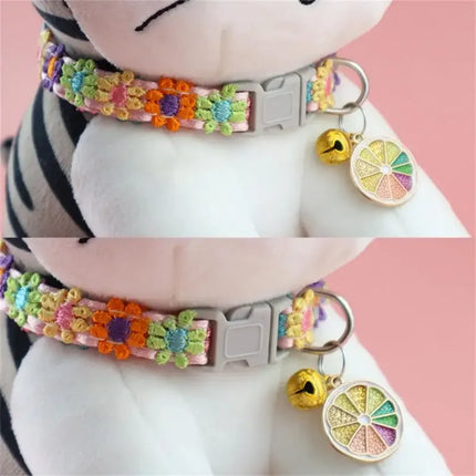 Fashion Rainbow Flower Cat Collar With Bell Kitten Puppy Necklace Adjustable Buckle Colorful Lace Kitten Collar Dog Accessories