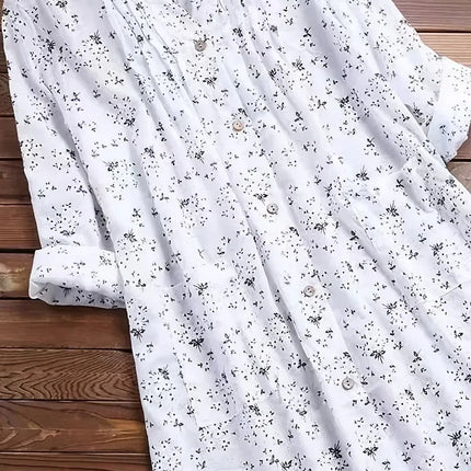 Women's Plus-size Shirt White Long Flower Decorated Lapel Button Up Top for Travel Wear