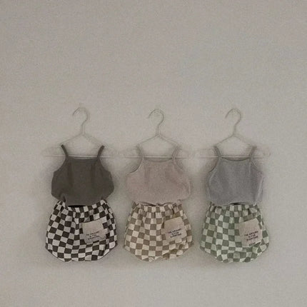 Korean Style Ins Fashion Kids Tank Top & Checkered Shorts Set Boys Girls Summer Lightweight Cotton Clothing New 2025‌