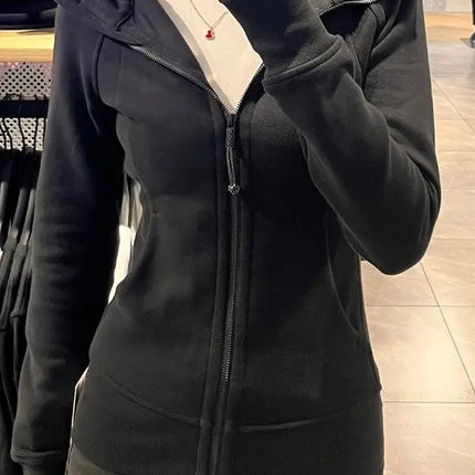Slim Fit Pure Color Cotton Hoodie Jaet Women's Spring Autumn Zipper Cardigan Waist Cinching Sweatirt Korean Sle Top