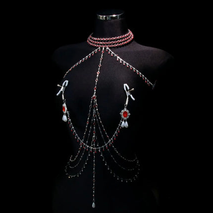 Red Tassel Gem Nipple Clamps Erotic Collar Body Chain Chest Restraint BDSM Women's Sexy Body Accessories Fetish Adult Sex Toys