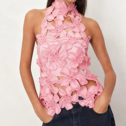 Women Hollow Out 3D Floral Velvet Halter Top Mock Neck Sleeveless Backless Tank Top Sexy Going Out Party Tops Vest