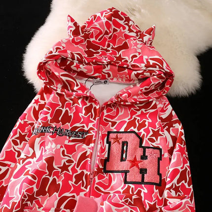 y2k all-print American camouflage hooded jacket men and women devil tide brand zipper couple pentagram hooded cardigan hot sale