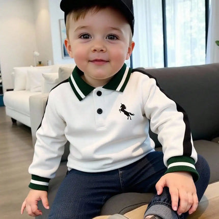 Autumn And Winter Baby Boy Casual And Versatile Top Autumn Little Boy White Lapel Printed Long-Sleeved Shirt