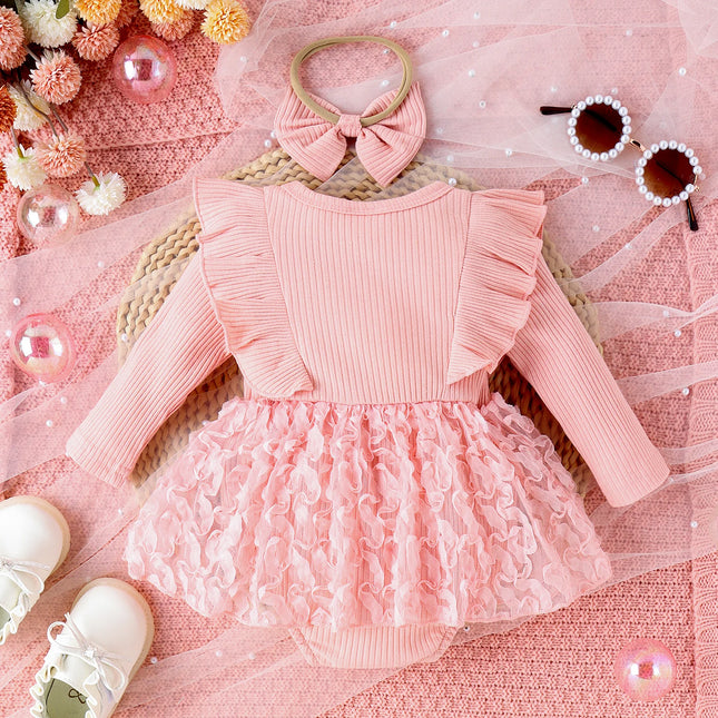 2PCS Autumn 0-1 Year Old Girl Baby Sweet And Cute Round Collar Ribbed Flower Skirt Long-Sleeved Suit + Bow Hair Band