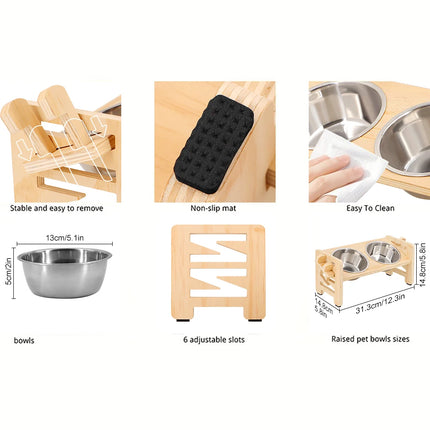 Elevated Puppy Bowls Food Mat Raised Dishes Food and Water Feeder 15° Tilted Stand 2 Stainless Steel Bowls for Small Dogs Cats