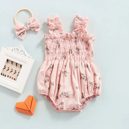 Infant Baby Girl's Sleeveless Jumpsuit Floral Print Elastic Bust Shoulder Straps Romper Bow Headband