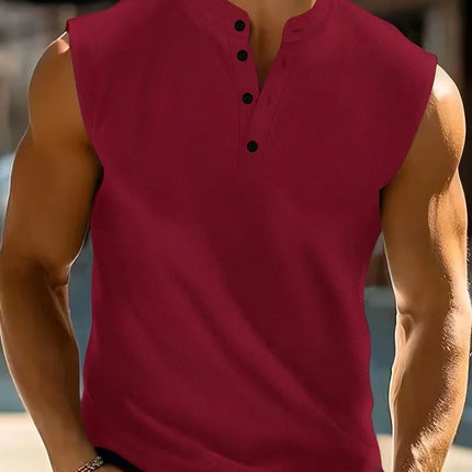 Men's Henley Neck Sleeveless Shirt, Textured Knit Tank Top, Casual Workout & Daily Wear