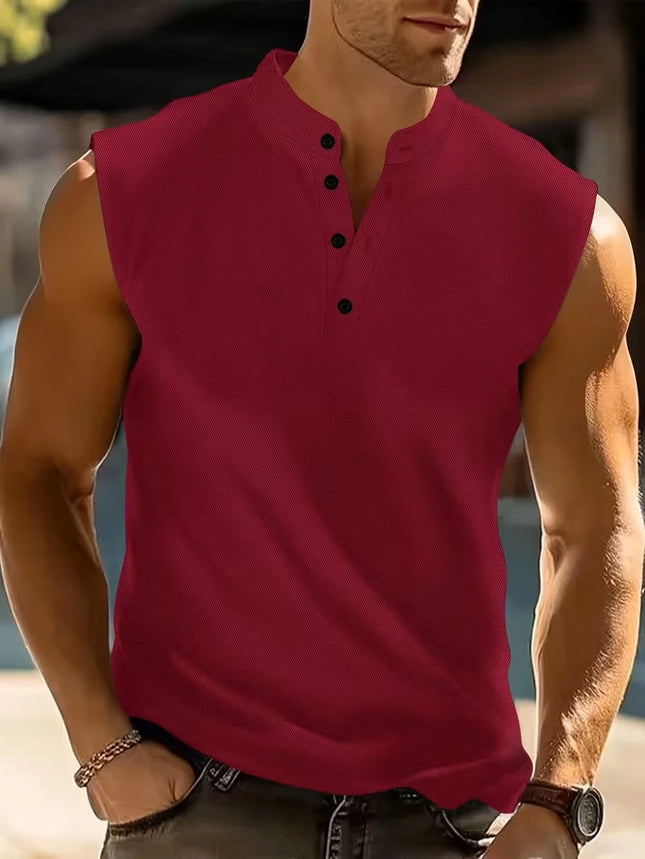 Men's Henley Neck Sleeveless Shirt, Textured Knit Tank Top, Casual Workout & Daily Wear