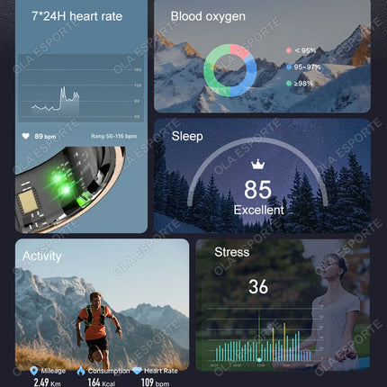 New Smart Ring Touch Screen Health Manager Heart Rate/Blood Oxygen Monitor Wireless Charging IP68 5ATM Waterproof for Universal