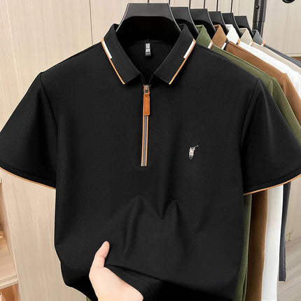 Men's Contrasting Striped Lapel Short Sleeved T-shirt, Summer Dad Outfit, New Cool POLO Top
