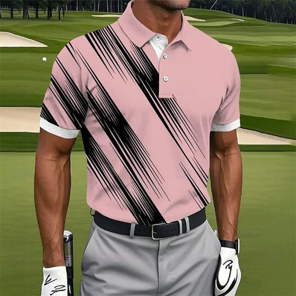 Colorful 3D Printed Striped Polo Shirt Men's Geometric Pattern Short Sleeve Summer Casual Lapel Top