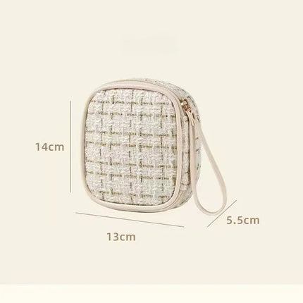 Women Makeup Pouch TikTok Viral Organizer Bag, Tweed Fabric Cosmetic Case with Long Handle for Travel Toiletries Sanitary Pads