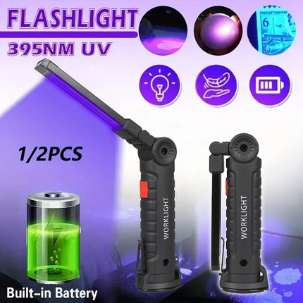 395nm LED UV Flashlight USB Rechargeable Foldable Lamp with Magnet Hook UV Light Ultraviolet for Pet Urine Detector Resin Curing