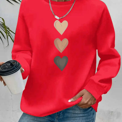 Women's Casual Heart Print Pullover Sweatshirt Geometric Design Long Sleeve Round Neck Machine Washable Regular Fit for Autumn