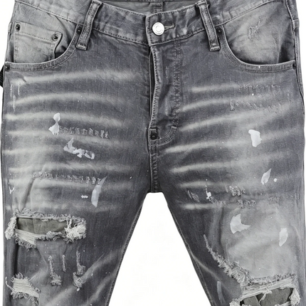 6058 Four Seasons New Men's Wash Grinding Hole Patch Paint Splash Ink Micro-bullet Leg Grey Jeans for Men
