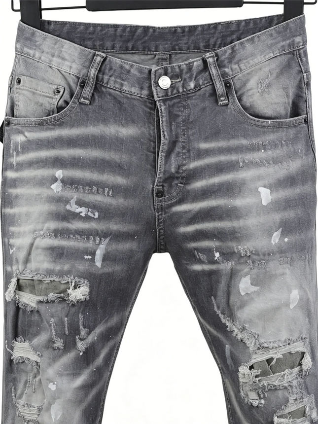 6058 Four Seasons New Men's Wash Grinding Hole Patch Paint Splash Ink Micro-bullet Leg Grey Jeans for Men
