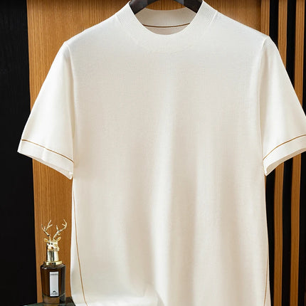 2026 Spring/Summer New Men's Short Sleeved 100% Wool T-Shirt Sweater O-neck Solid Color Loose Knit Pullover Business Casual Tops